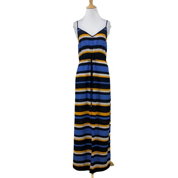 Michael Kors Striped Maci Maxi Dress Womens S Small Front Slit Waist Tie V Neck - Picture 1 of 14